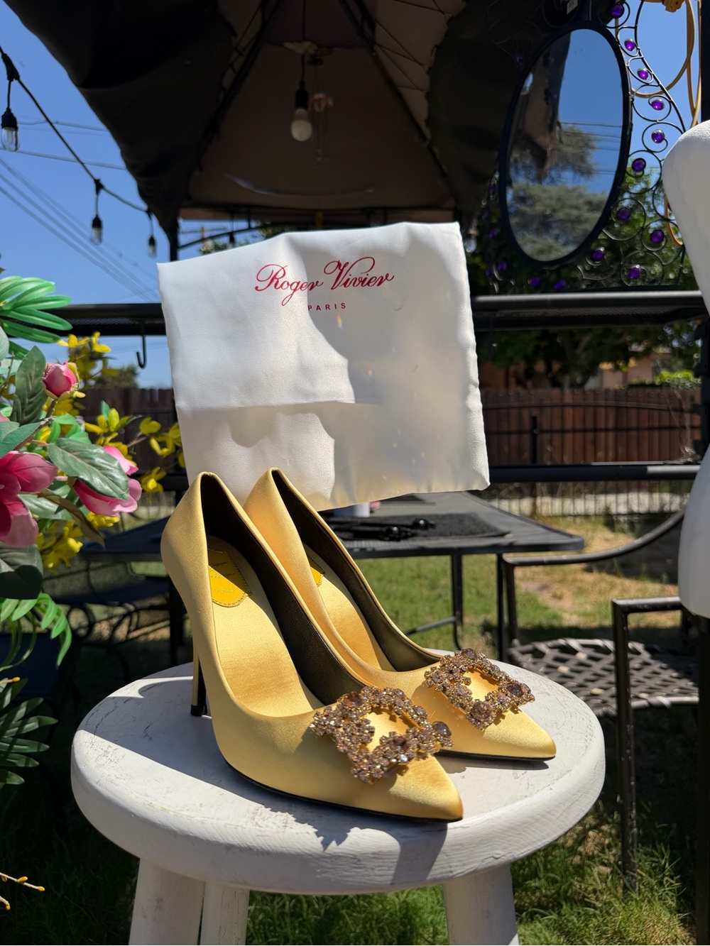 Roger Vivier Yellow Satin Pointed Toe Pumps with Crystal Buckle